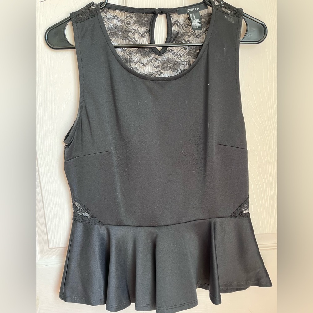 Forever 21 Lace Back Black Peplum Tank Top